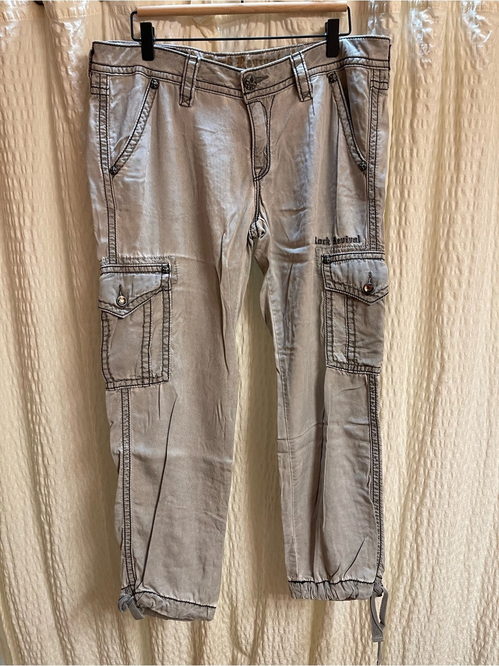 Rock Revival Women's Light Gray Cargo Capris with Drawstring Hems